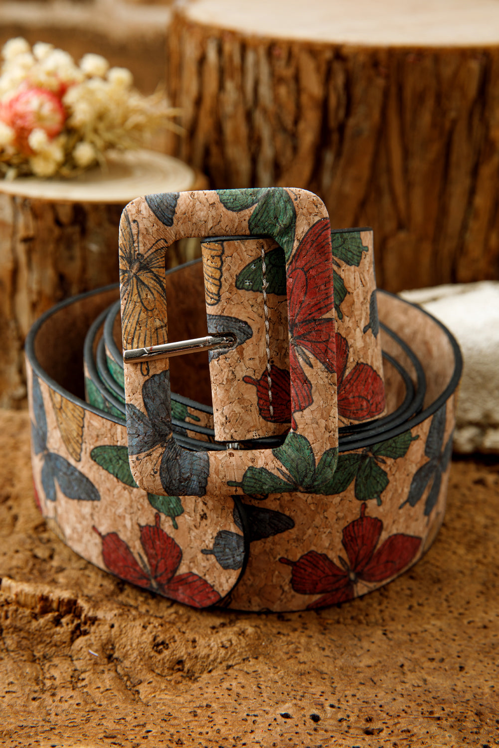 Chestnut Retro Butterfly Print Buckle Belt