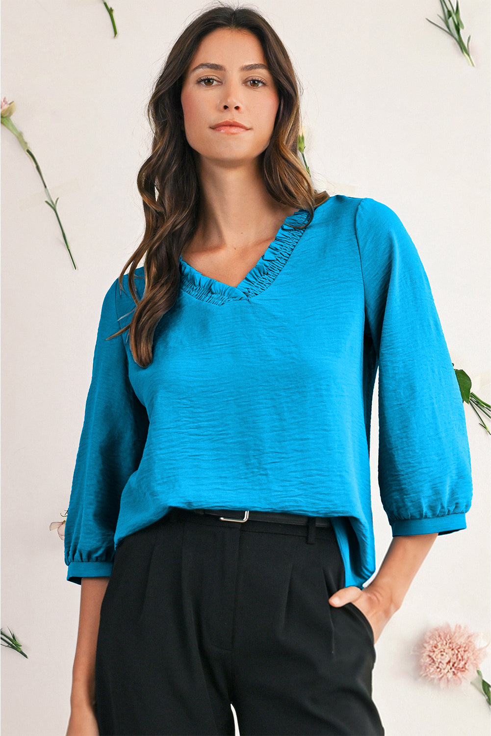 Moonlight Jade Frill V Neckline Puff Sleeve Crinkled Blouse