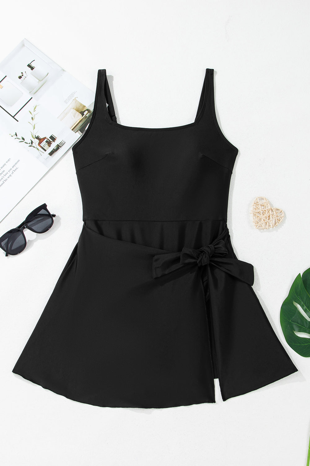 Mist Green Side Tied Adjustable Straps A Line One Piece Swim Dress