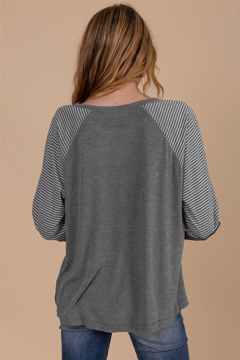 Brown Contrast Print Striped Raglan Long Sleeve Loose Top
