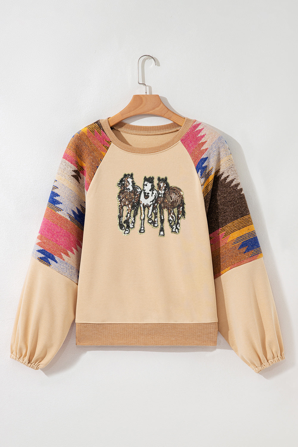 Light French Beige Horses Sequins Patch Graphic Fashion Sweatshirt