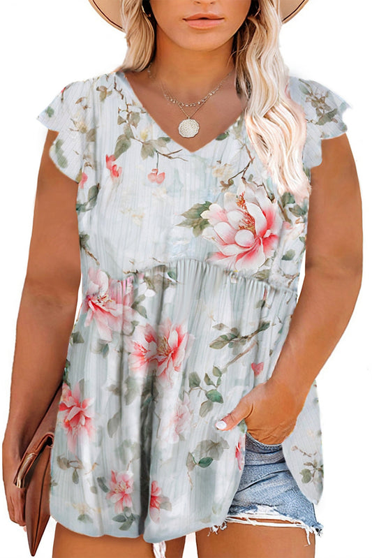 Sky Blue Floral Flutter Shoulder Flowy Plus Size Top