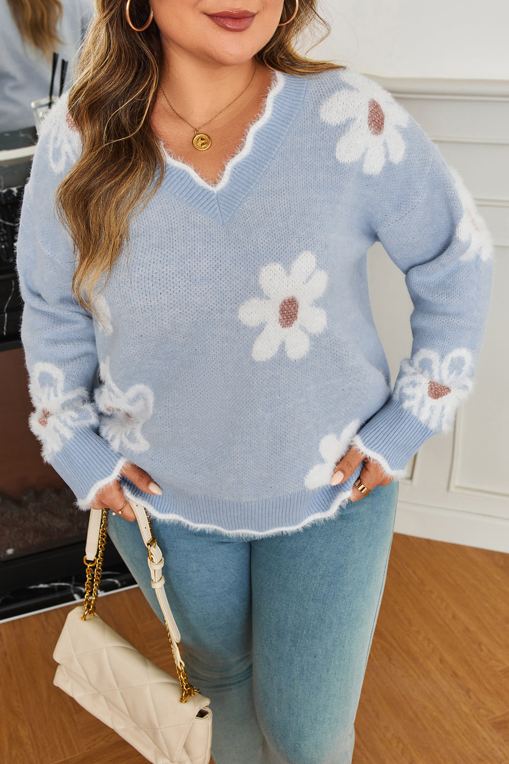 Gray Fuzzy Flower Scalloped V Neck Plus Sweater