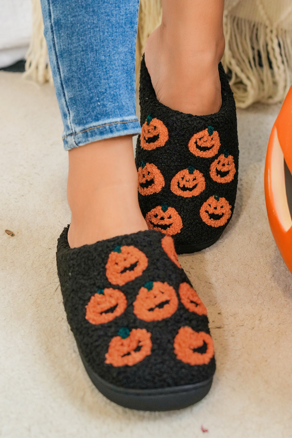 Black Halloween Pumpkin Plush Home Slippers