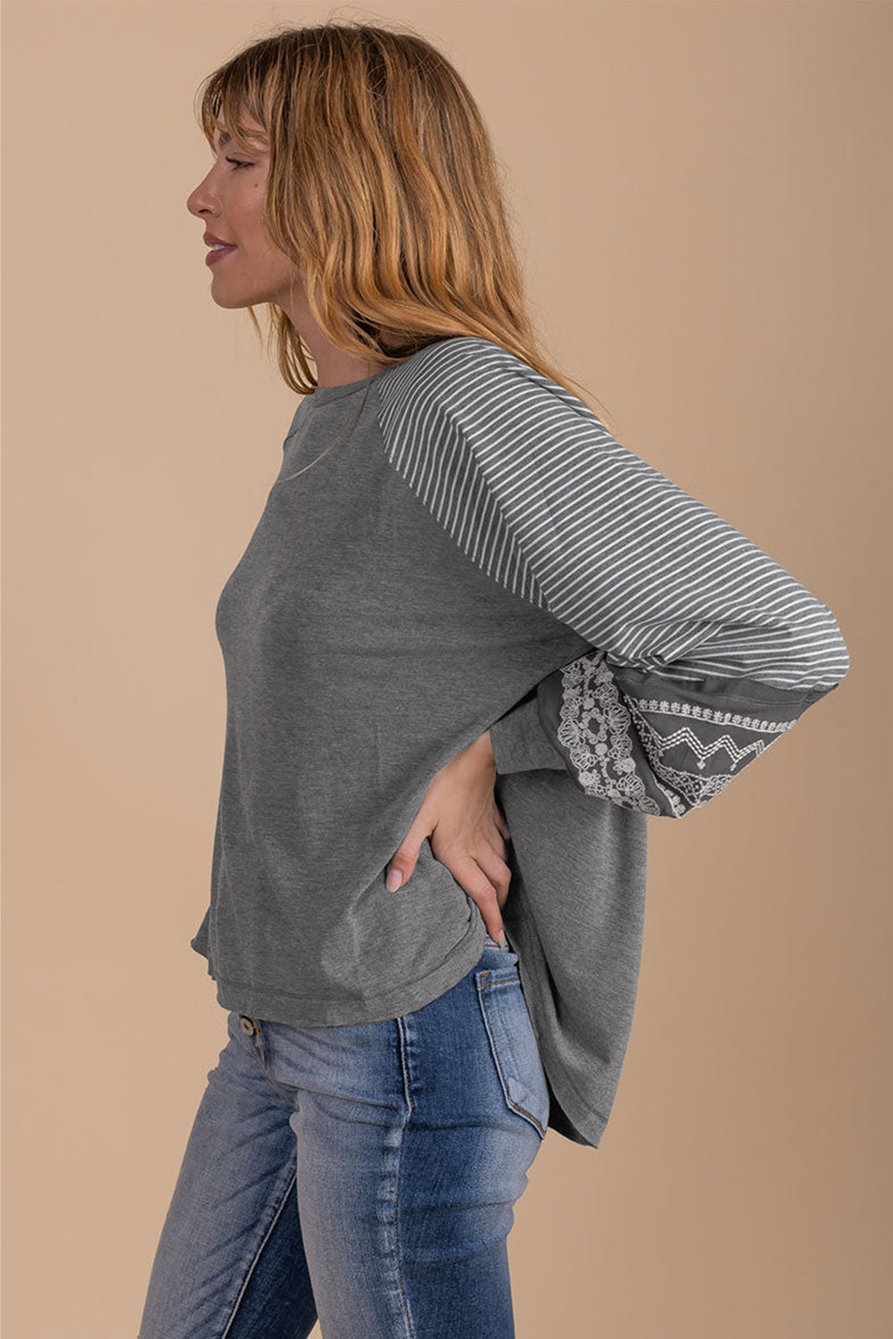 Brown Contrast Print Striped Raglan Long Sleeve Loose Top