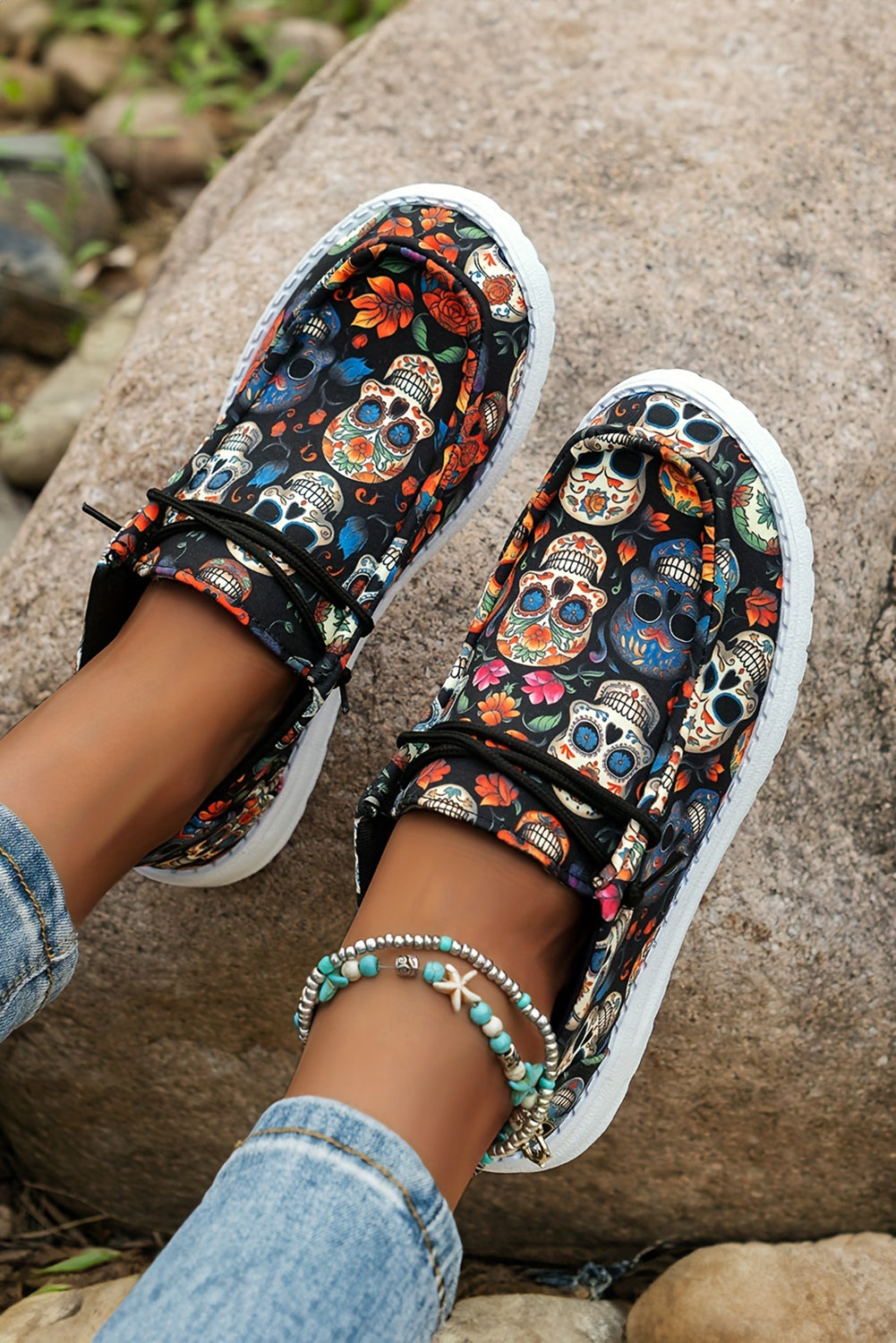Black Halloween Skull Print Casual Shoes