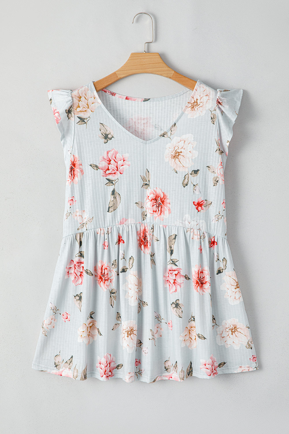 Sky Blue Floral Flutter Shoulder Flowy Plus Size Top