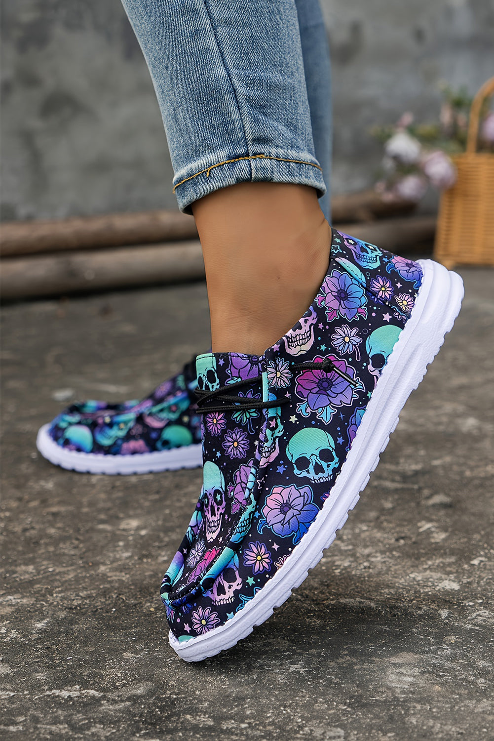 Black Halloween Skull Print Casual Shoes